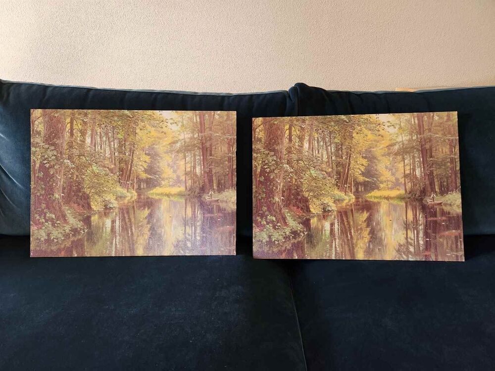 Vintage art prints on a heavy pressed wood man fishing in the wilderness nature